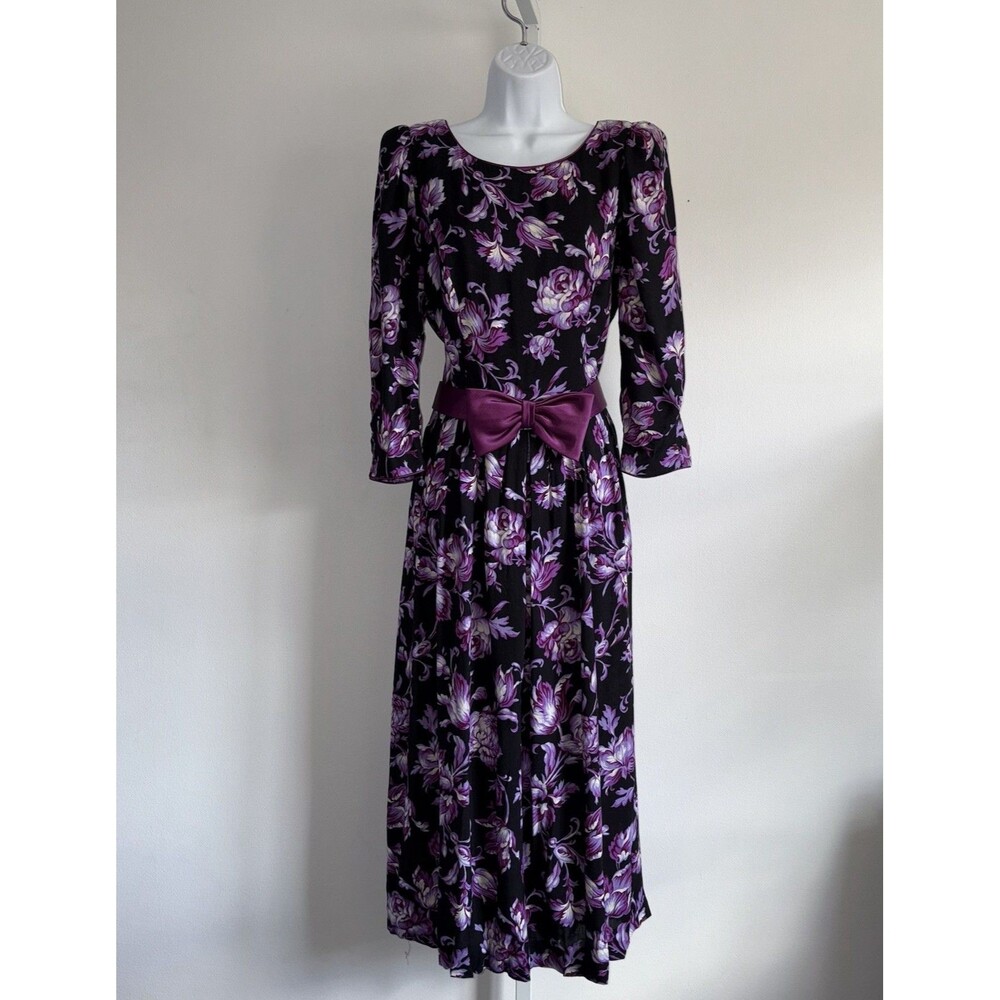 Vintage 80's Lanz Originals Purple Floral Dress Satin Bow Size 12 Puff Sleeves